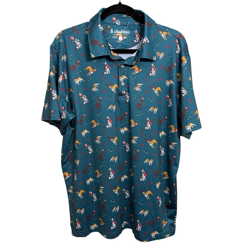 Chubbies Mens Large Holiday Dog Print Performance Polo Shirt Teal Green Festive